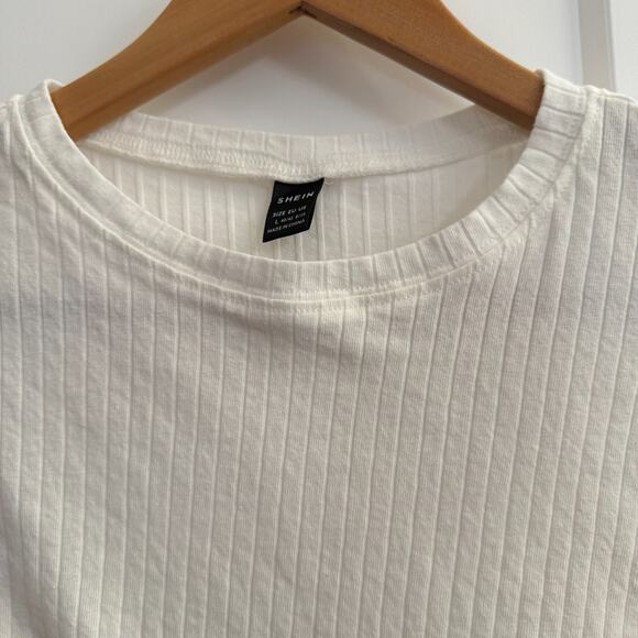 Cropped Ribbed Boxy White Tshirt Womens L with Stretch Top Casual - Picture 2 of 6